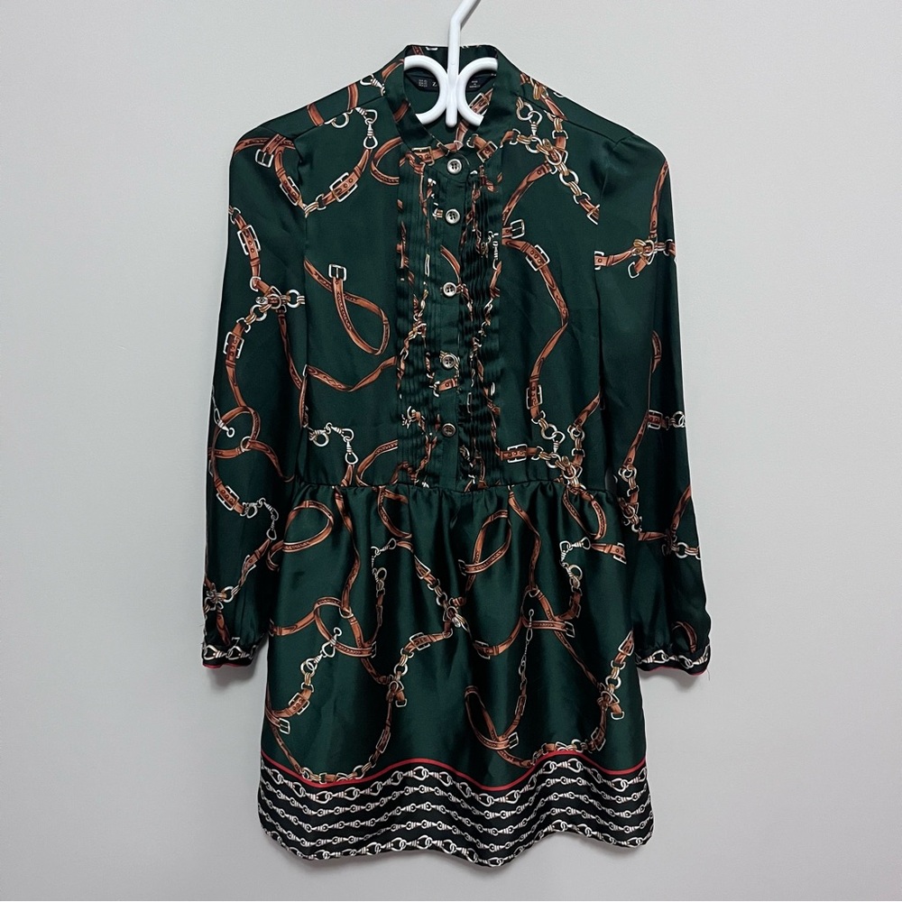 Zara Basic Dark Green Dress with Tan Chain Design